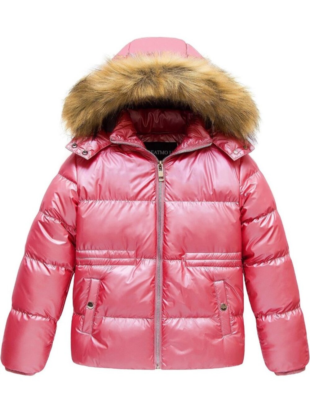 Metallic Shiny Girls' Winter Jacket with Detachable Fur Collar, Warm Outerwear